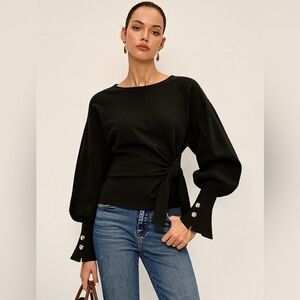Commense XL Black Twist Knot Balloon Sleeve Shirt with Gold Metal Buttons